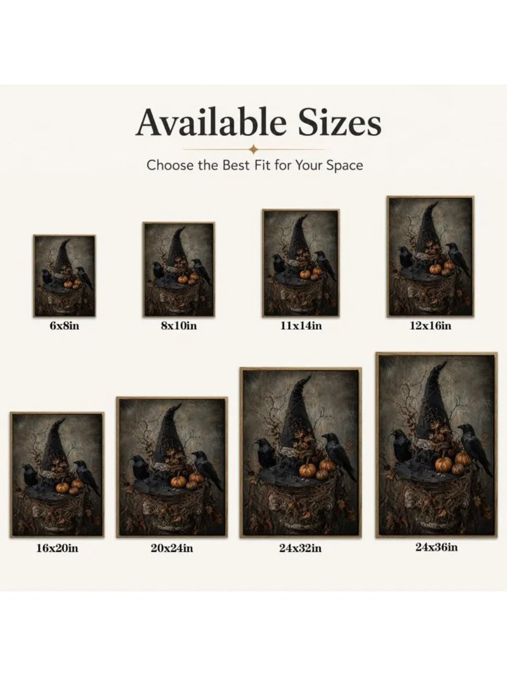 Spooky Halloween Framed Wall Art - Witch Hat, Raven & Pumpkin Decor